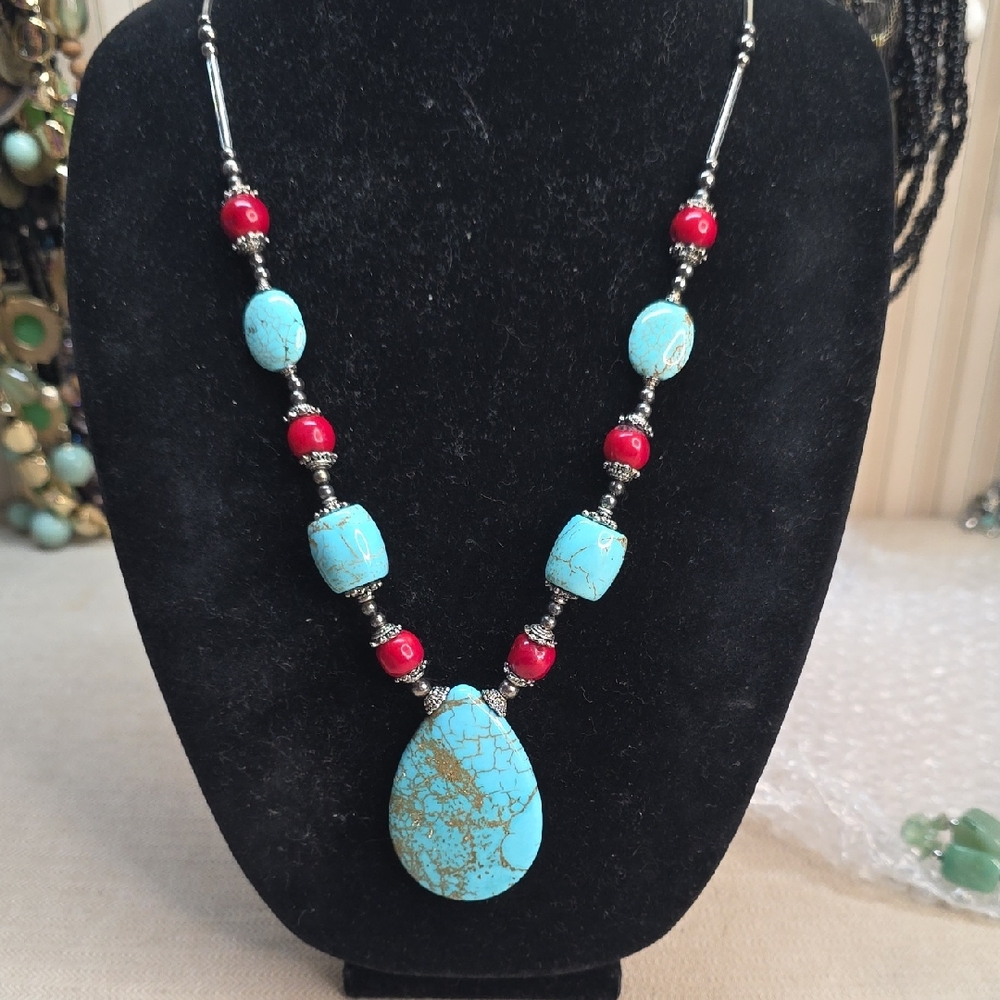 Turquoise and Coral Beaded Necklace